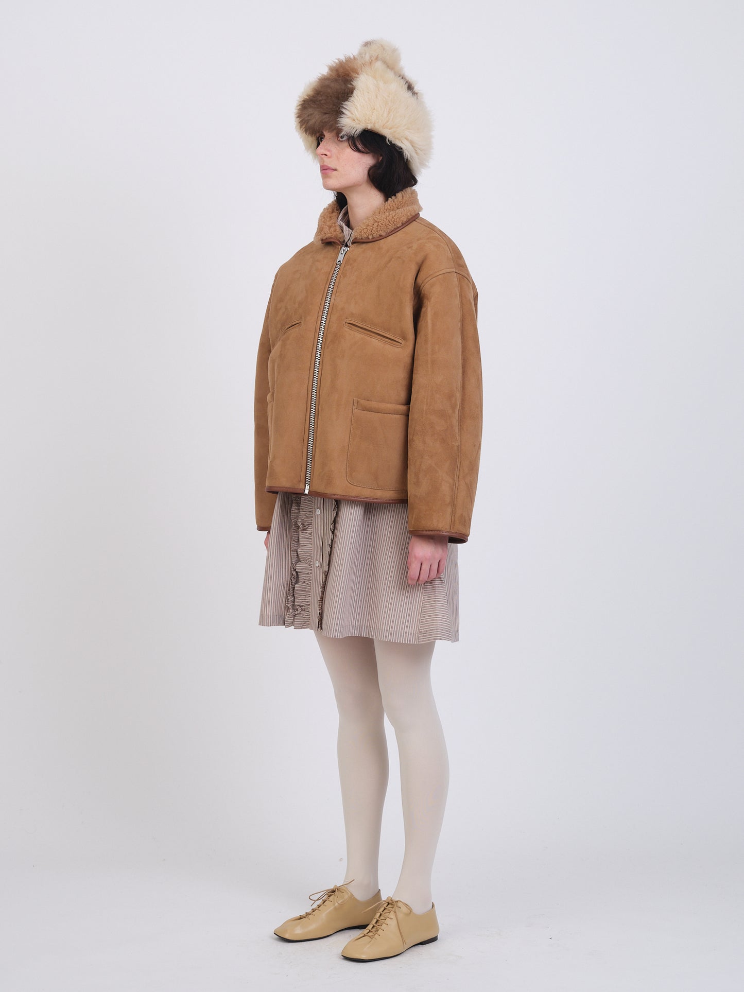 SUEDE BACK CURLY HAIR WOMENS FLYING JACKET (TAN)