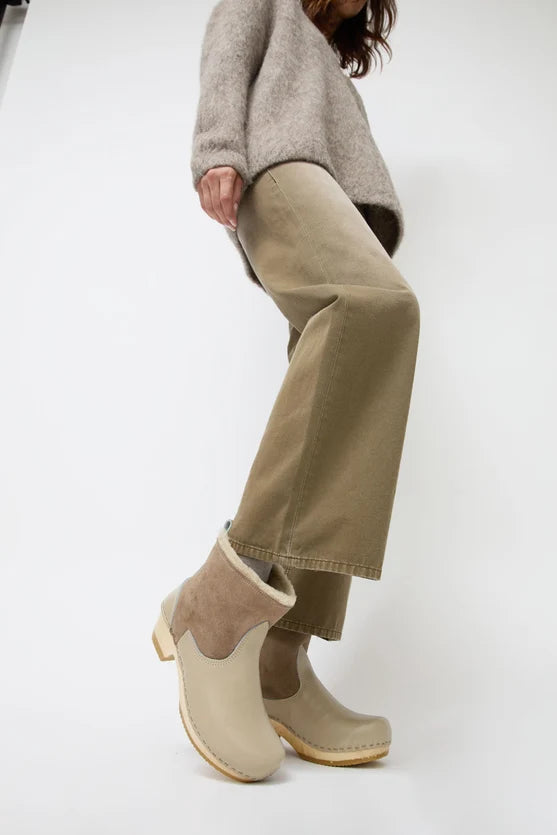 5" Pull on Shearling Clog Boot on Mid Heel in Clay