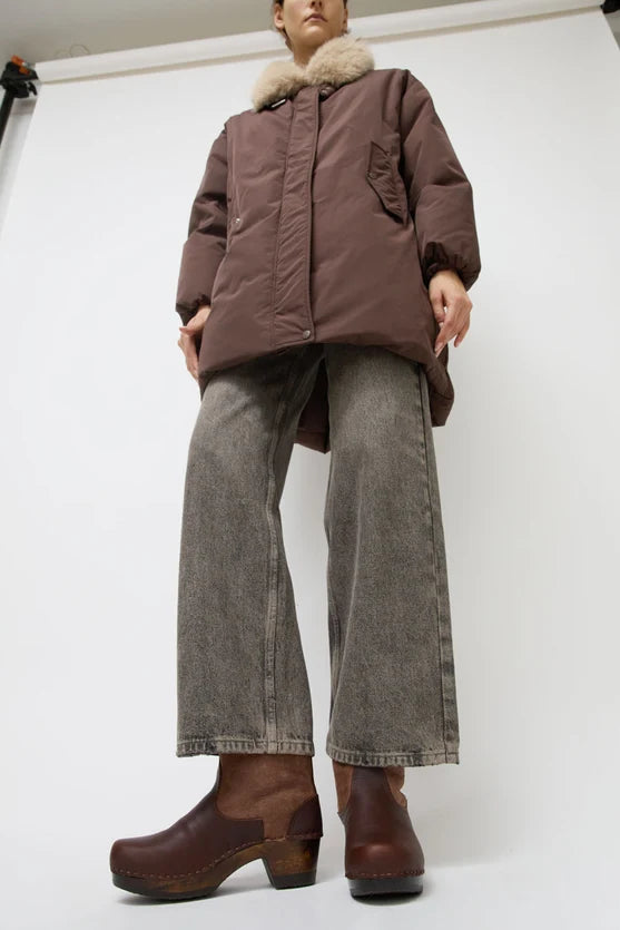 5" Pull on Shearling Clog Boot on Mid Heel in Molasses and Russet on Cocoa Base