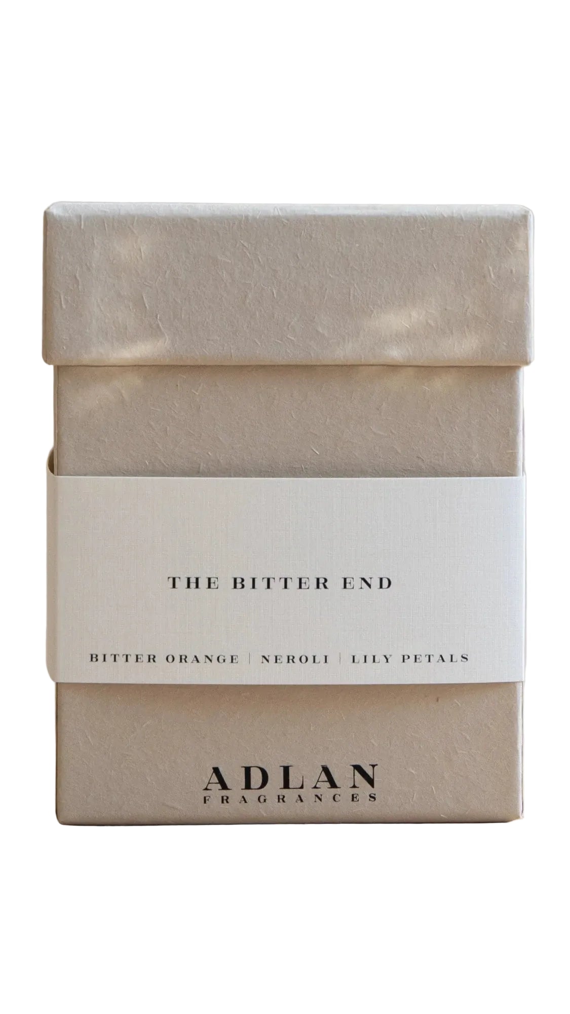 Beige box with 'The Bitter End' and 'Adlan Fragrances' text on a light background