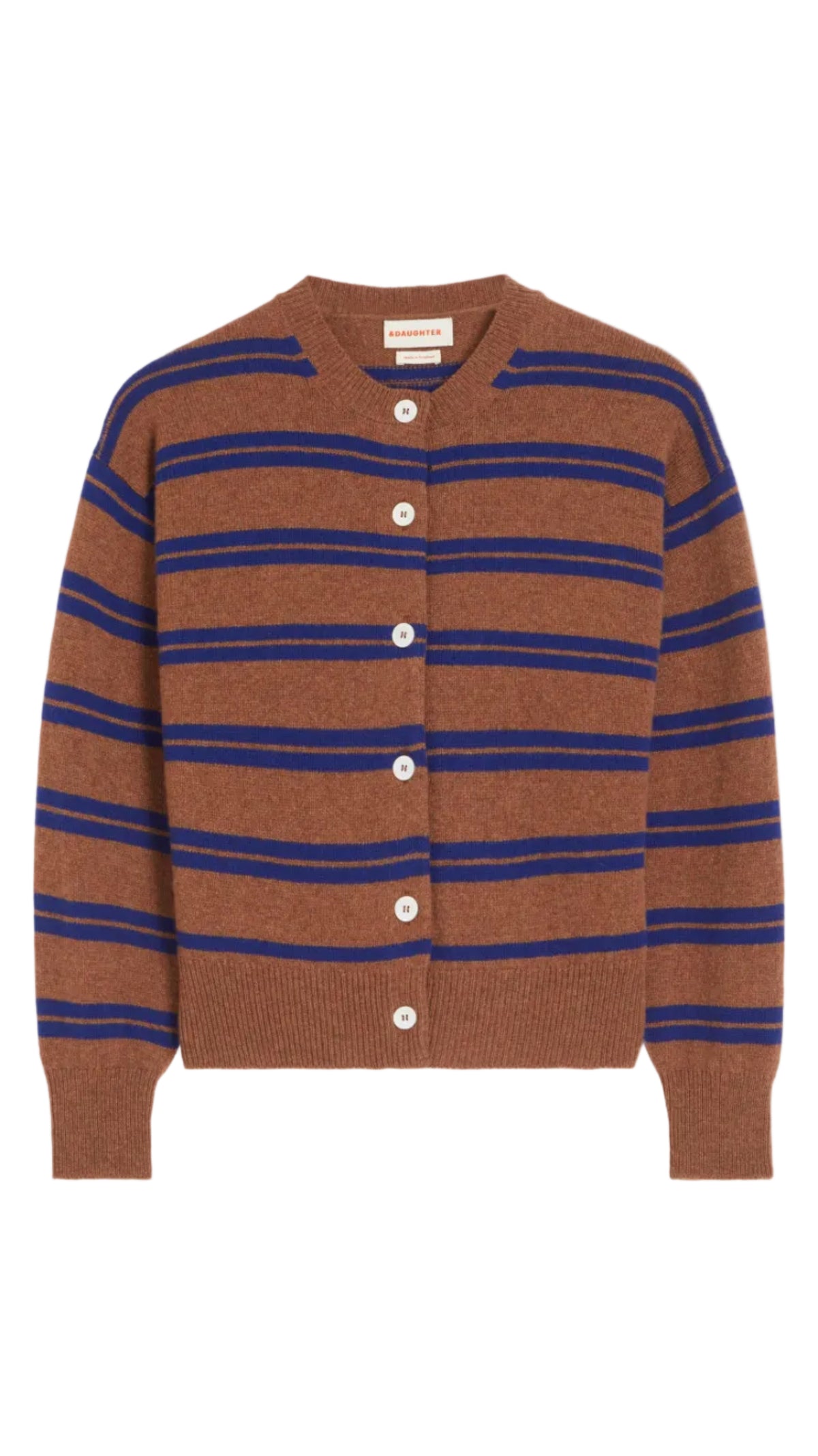 Ada Crewneck Cardigan - Hazelnut and Blue Stripe
