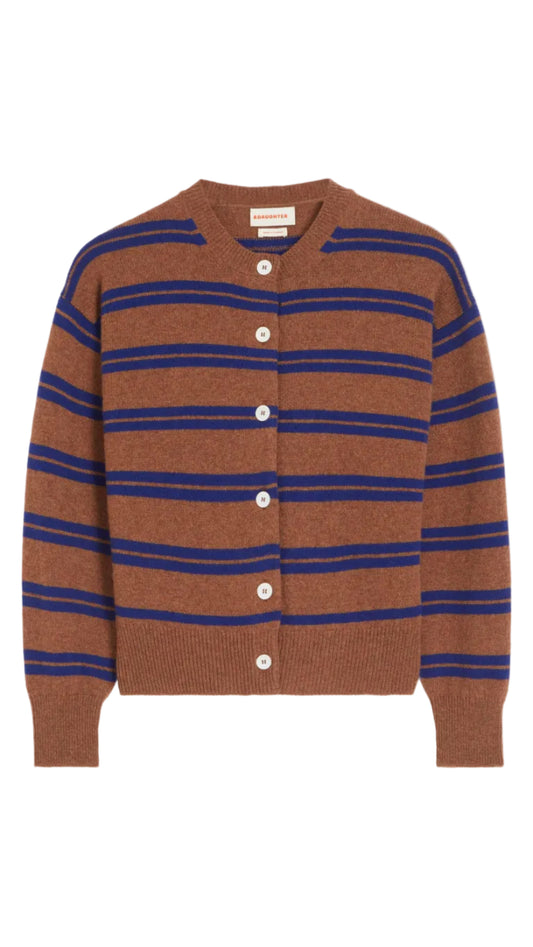 Ada Crewneck Cardigan - Hazelnut and Blue Stripe