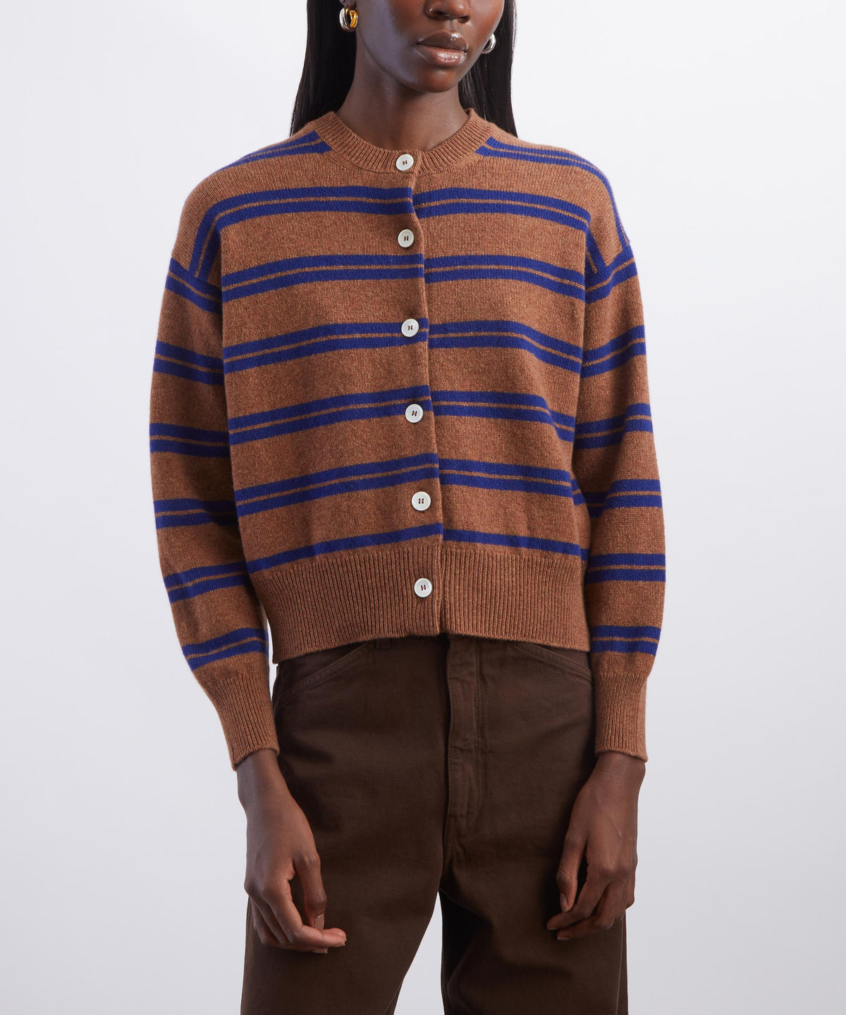 Ada Crewneck Cardigan - Hazelnut and Blue Stripe