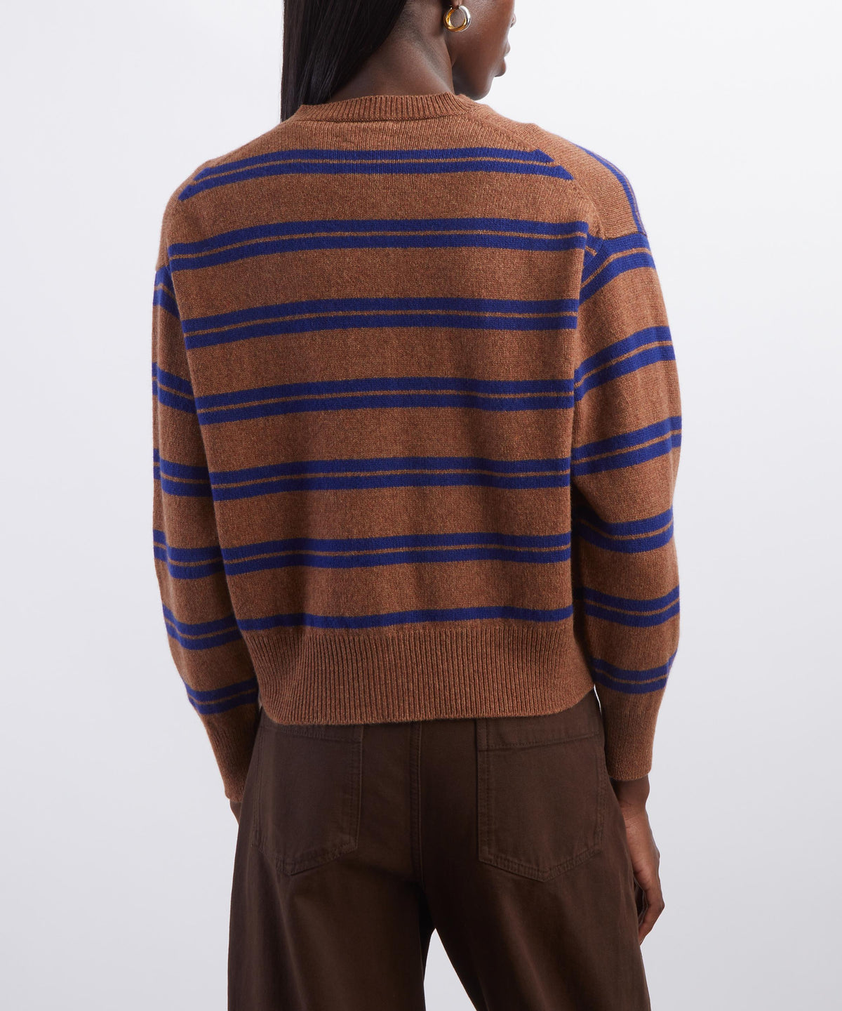 Ada Crewneck Cardigan - Hazelnut and Blue Stripe