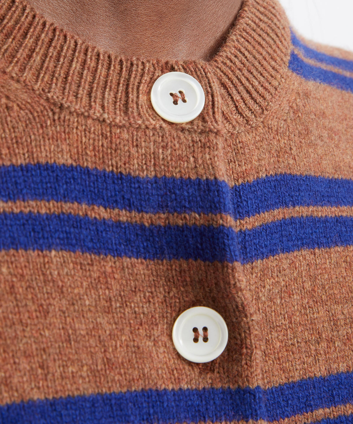 Ada Crewneck Cardigan - Hazelnut and Blue Stripe