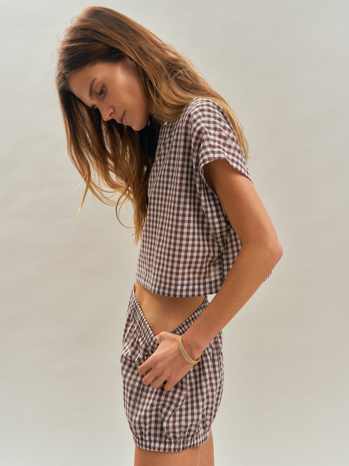 Kori Top in Cotton Poplin - Small Truffle Gingham