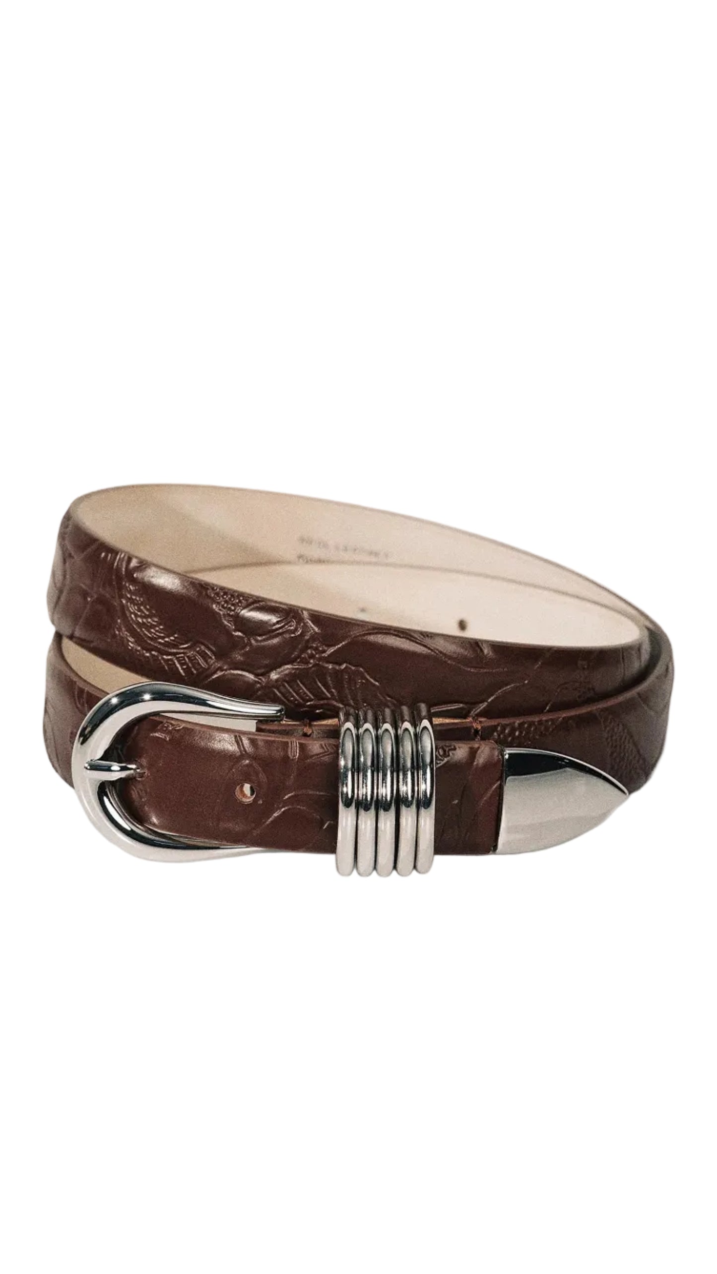 Hollyhock Floral-Embossed Leather Belt - Mahogany Silver