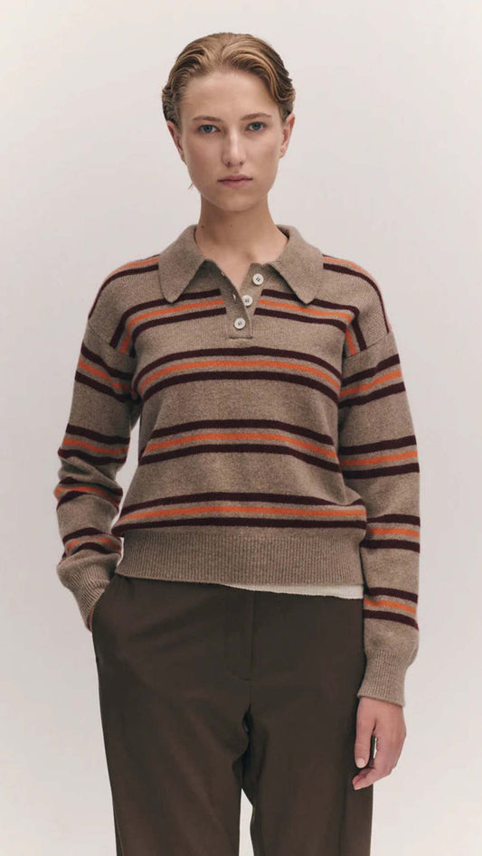Edith Stripe Polo Shirt - Dark Natural