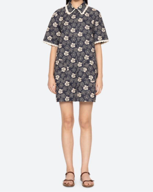 Gloria Print Mini Dress Coverup - Navy