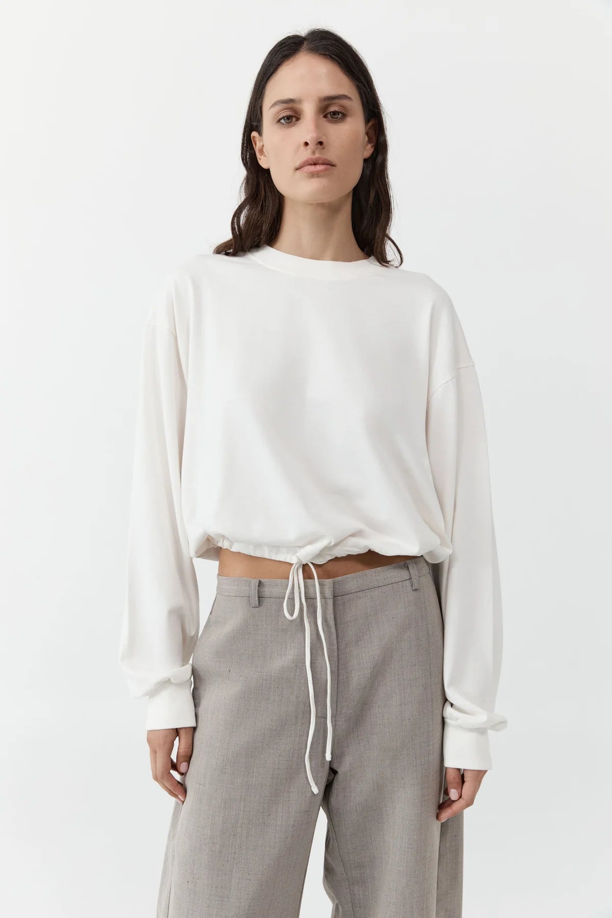 Drawstring Long Sleeve Top- Off White