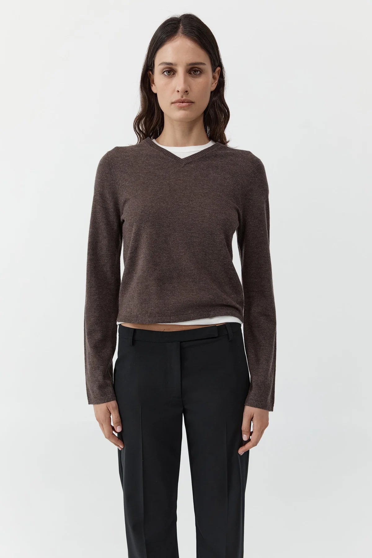 Fine Merino V Neck Sweater- Mulch