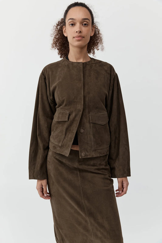 Suede Utility Cocoon Bomber-Khaiki
