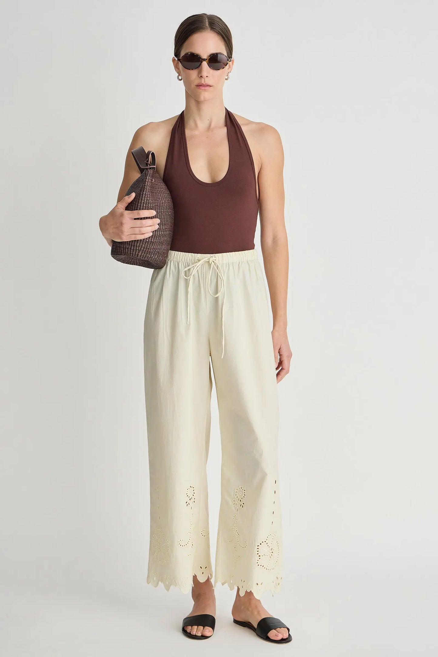 Embroidered Kari Pull On Pant - Ecru