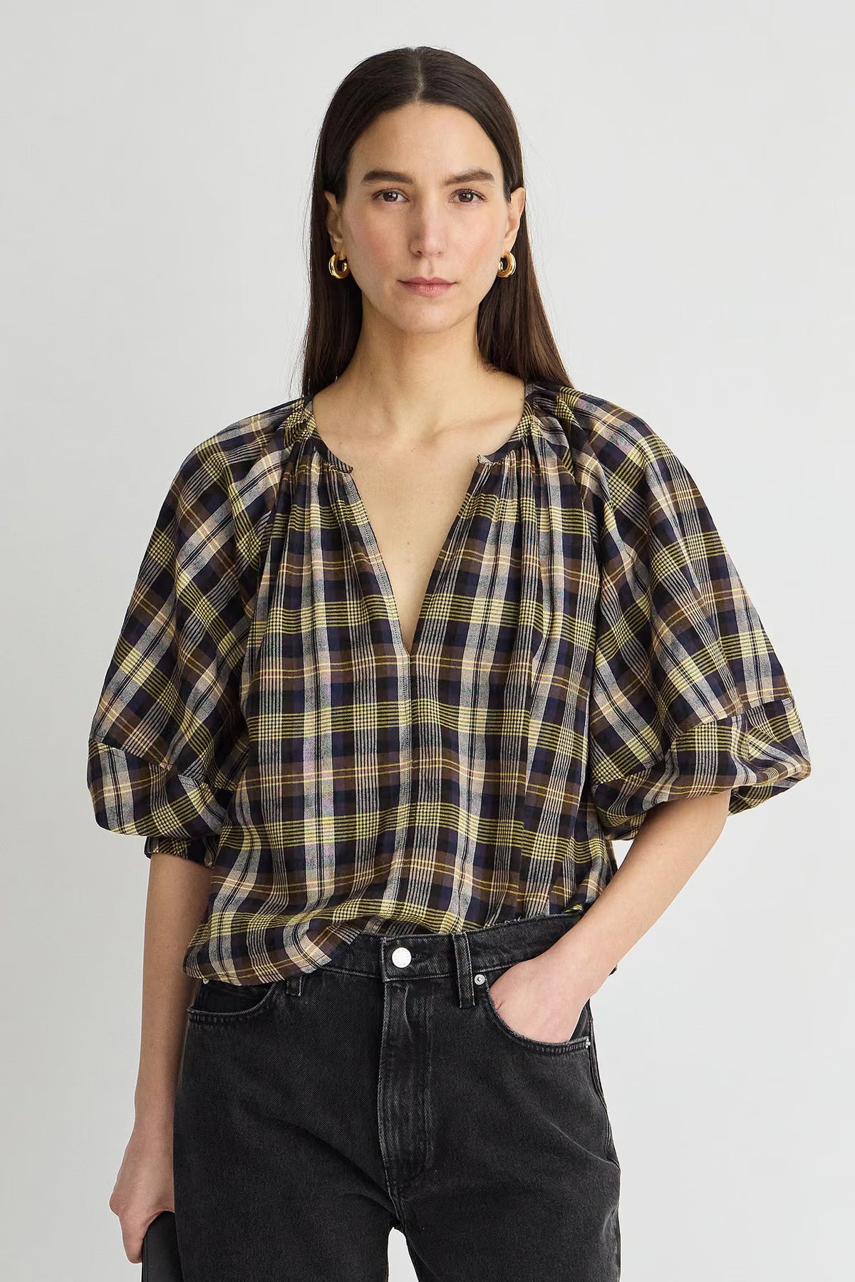 Nele Lantern Sleeve Top-Plaid