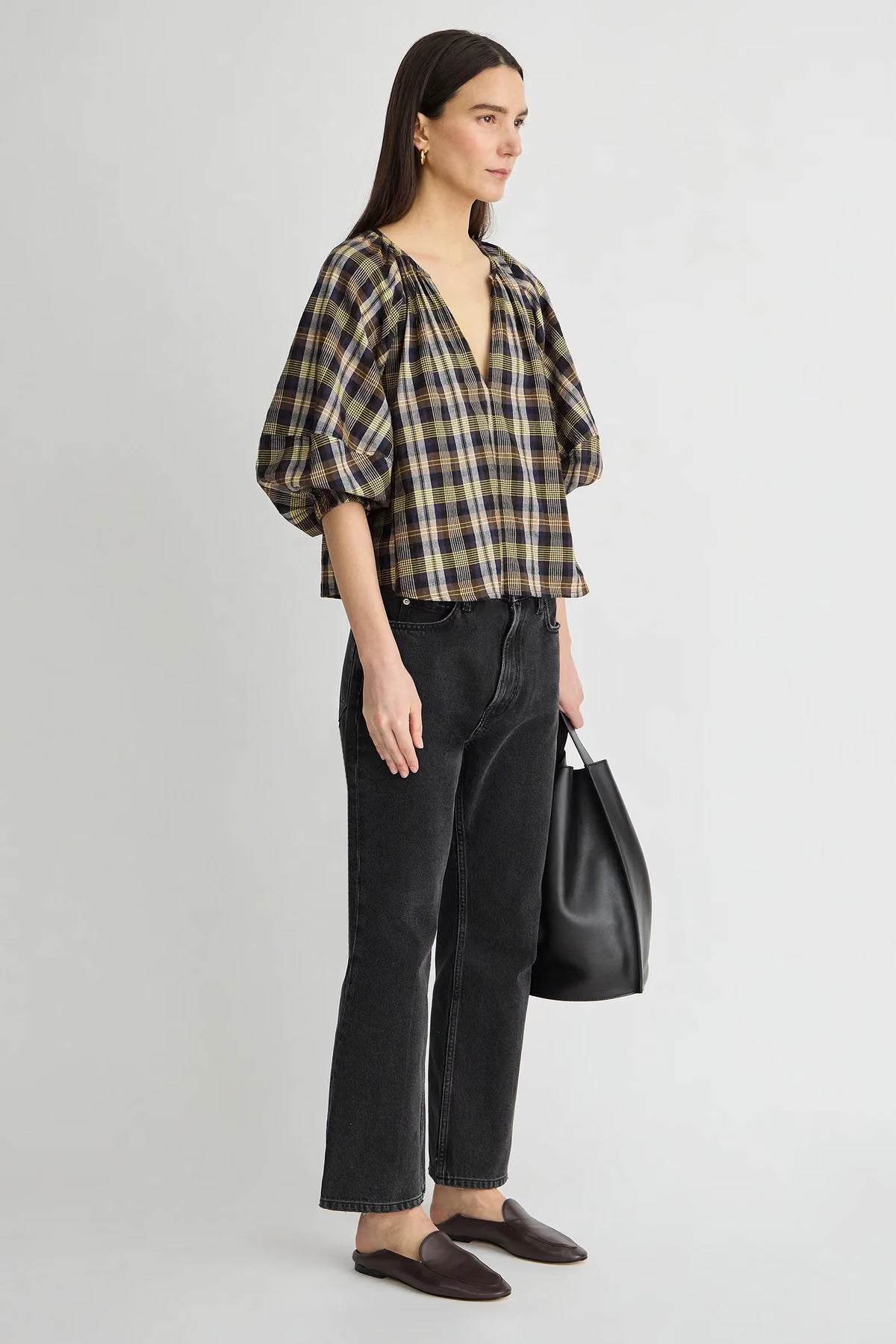 Nele Lantern Sleeve Top-Plaid