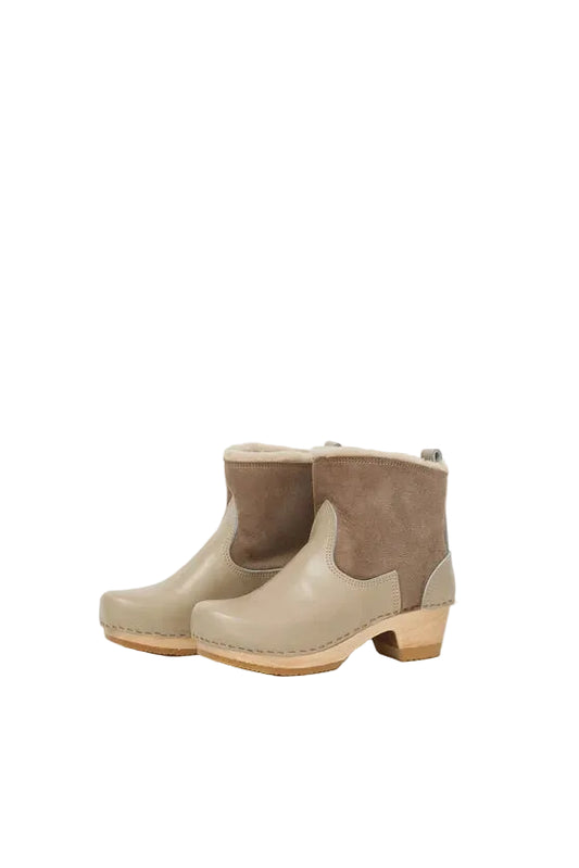 5" Pull on Shearling Clog Boot on Mid Heel in Clay
