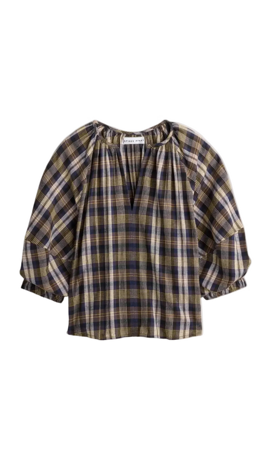 Nele Lantern Sleeve Top-Plaid