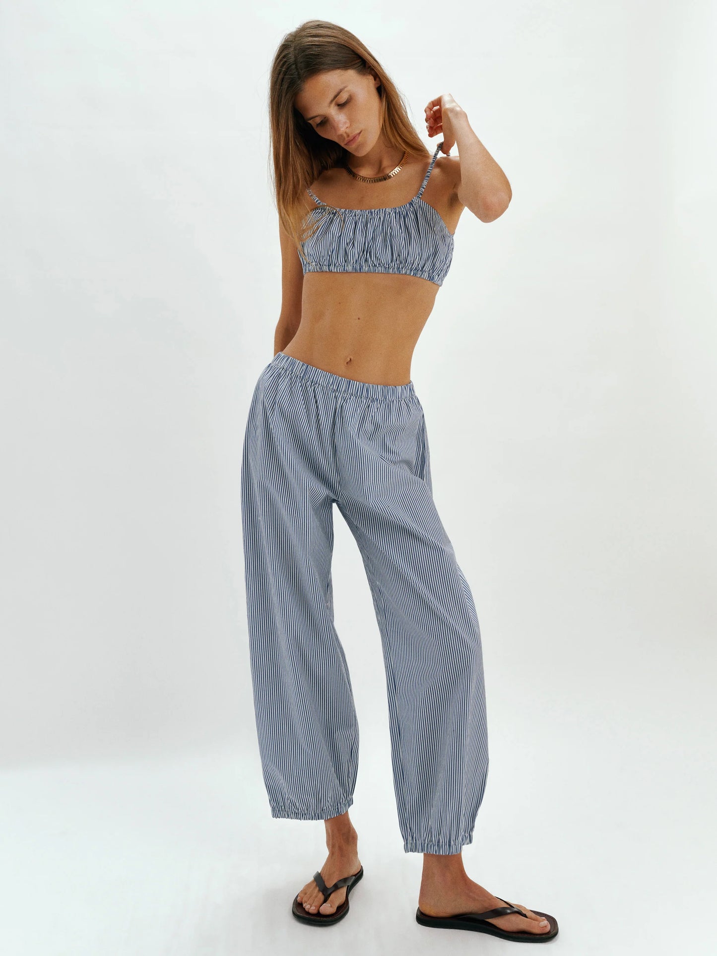 Delos Pants in Cotton Poplin - Navy Stripe