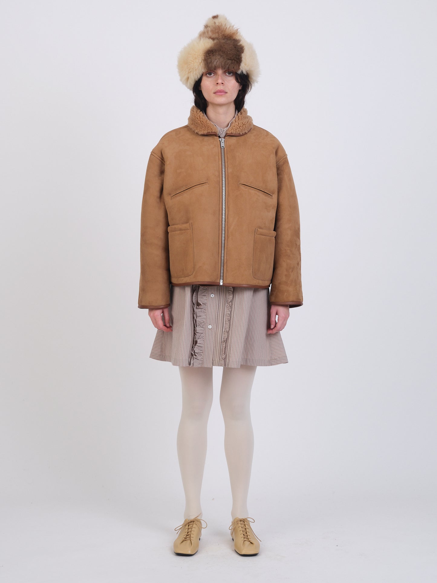 SUEDE BACK CURLY HAIR WOMENS FLYING JACKET  (TAN)