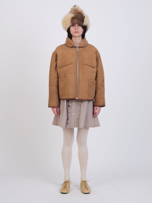 SUEDE BACK CURLY HAIR WOMENS FLYING JACKET  (TAN)