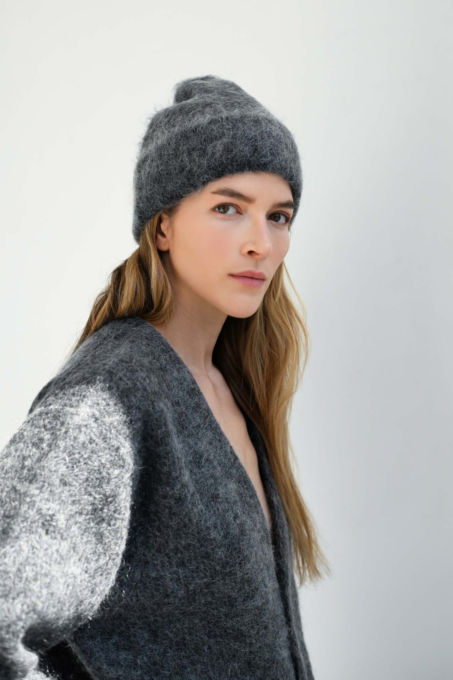 Brushed Mohair Beanie in Charcoal