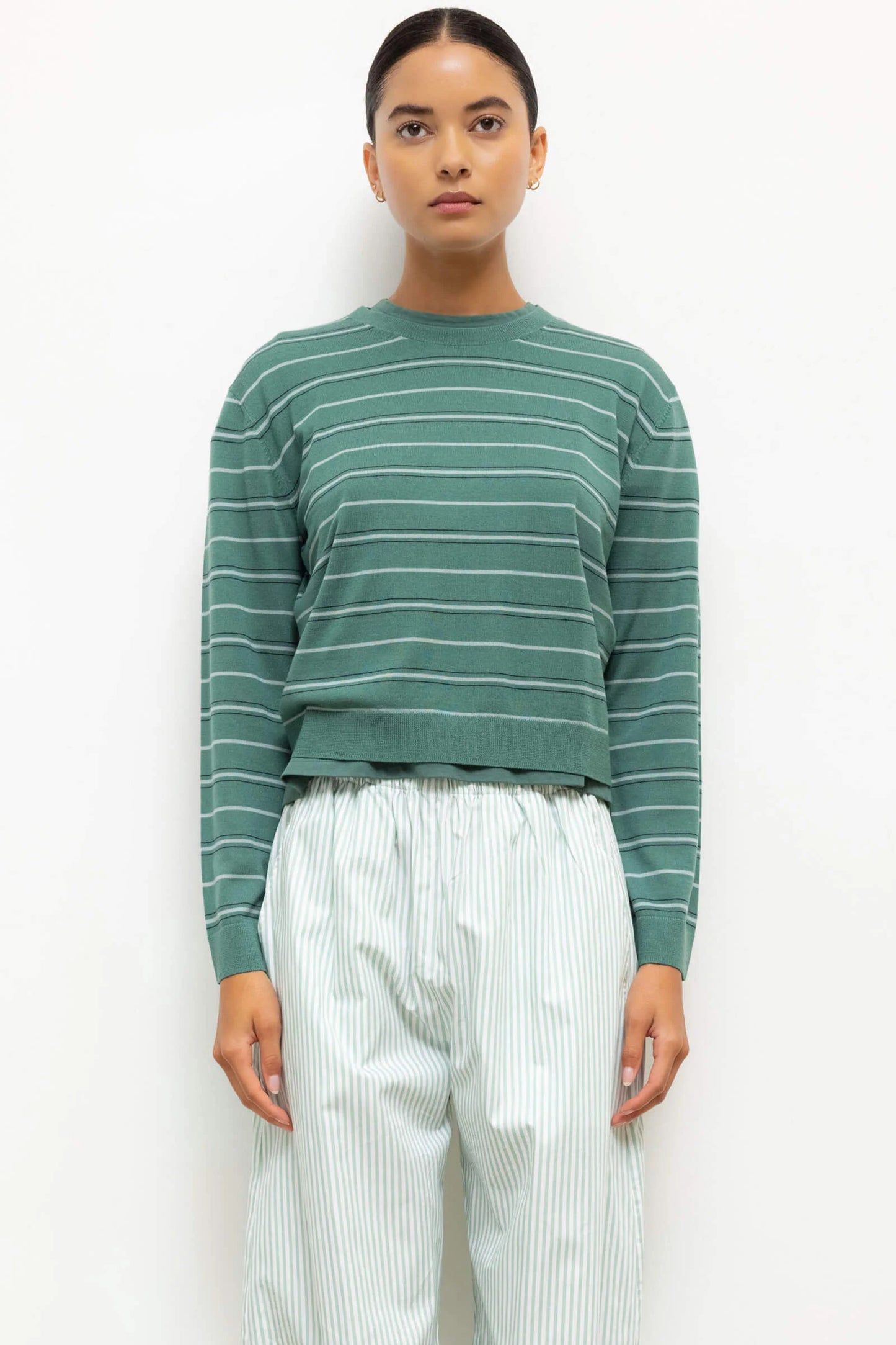 James Stripe Classic Crew- Basil Stripe