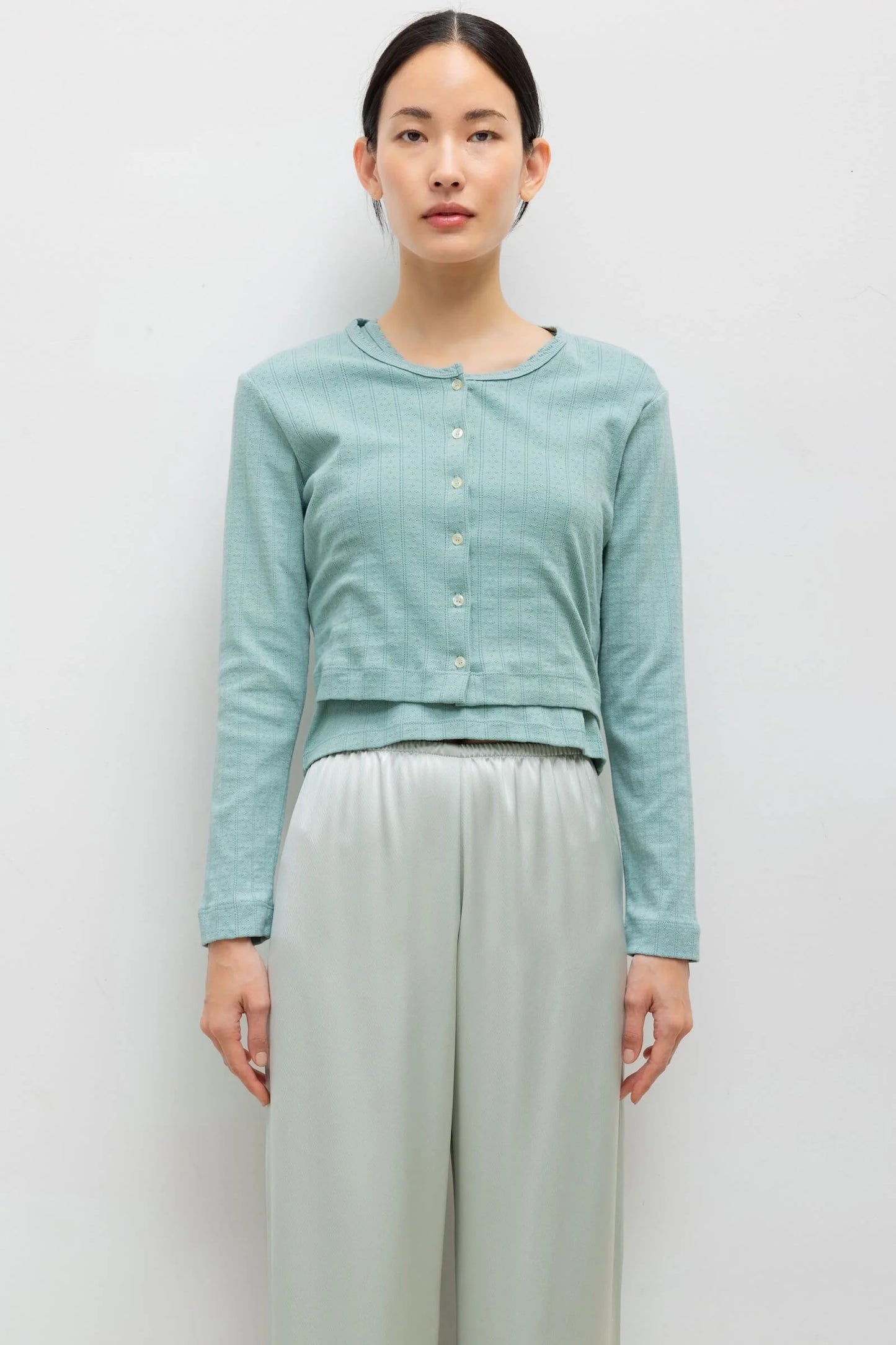 Pointelle Crop Cardigan- Eucalyptus