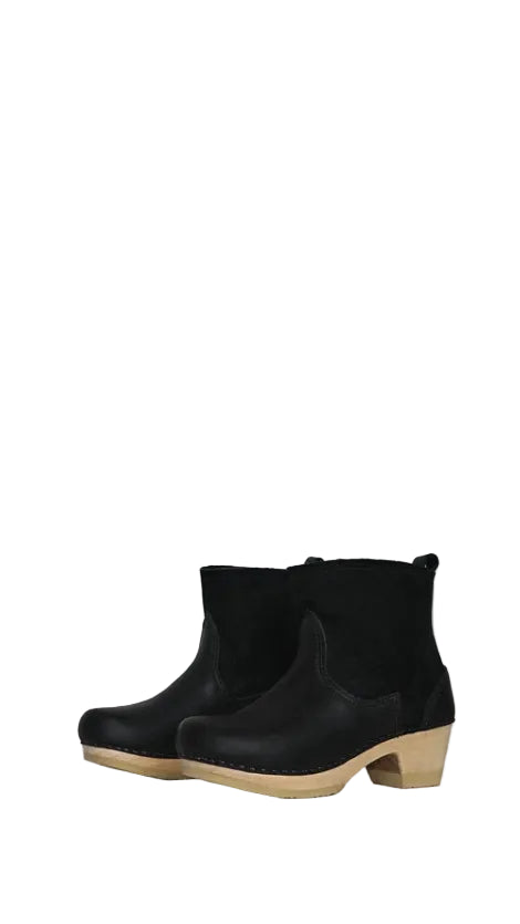 5" Pull on Shearling Clog Boot on Mid Heel in Black Suede