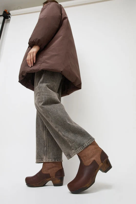 5" Pull on Shearling Clog Boot on Mid Heel in Molasses and Russet on Cocoa Base