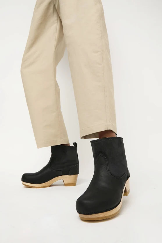 5" Pull on Shearling Clog Boot on Mid Heel in Black Suede