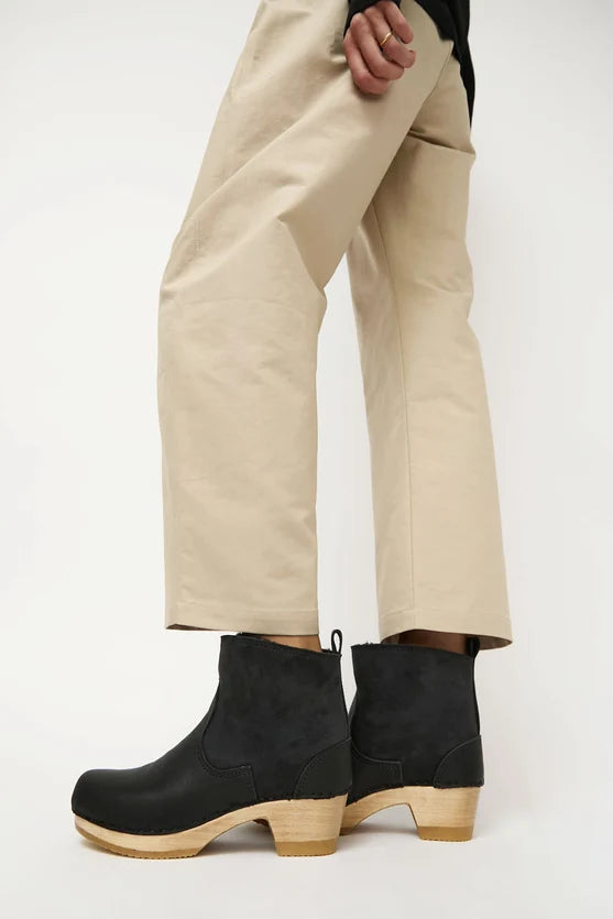 5" Pull on Shearling Clog Boot on Mid Heel in Black Suede