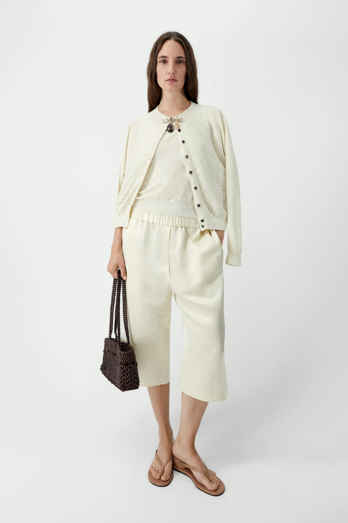 Linen & Cotton Flecked Cardigan - Cream