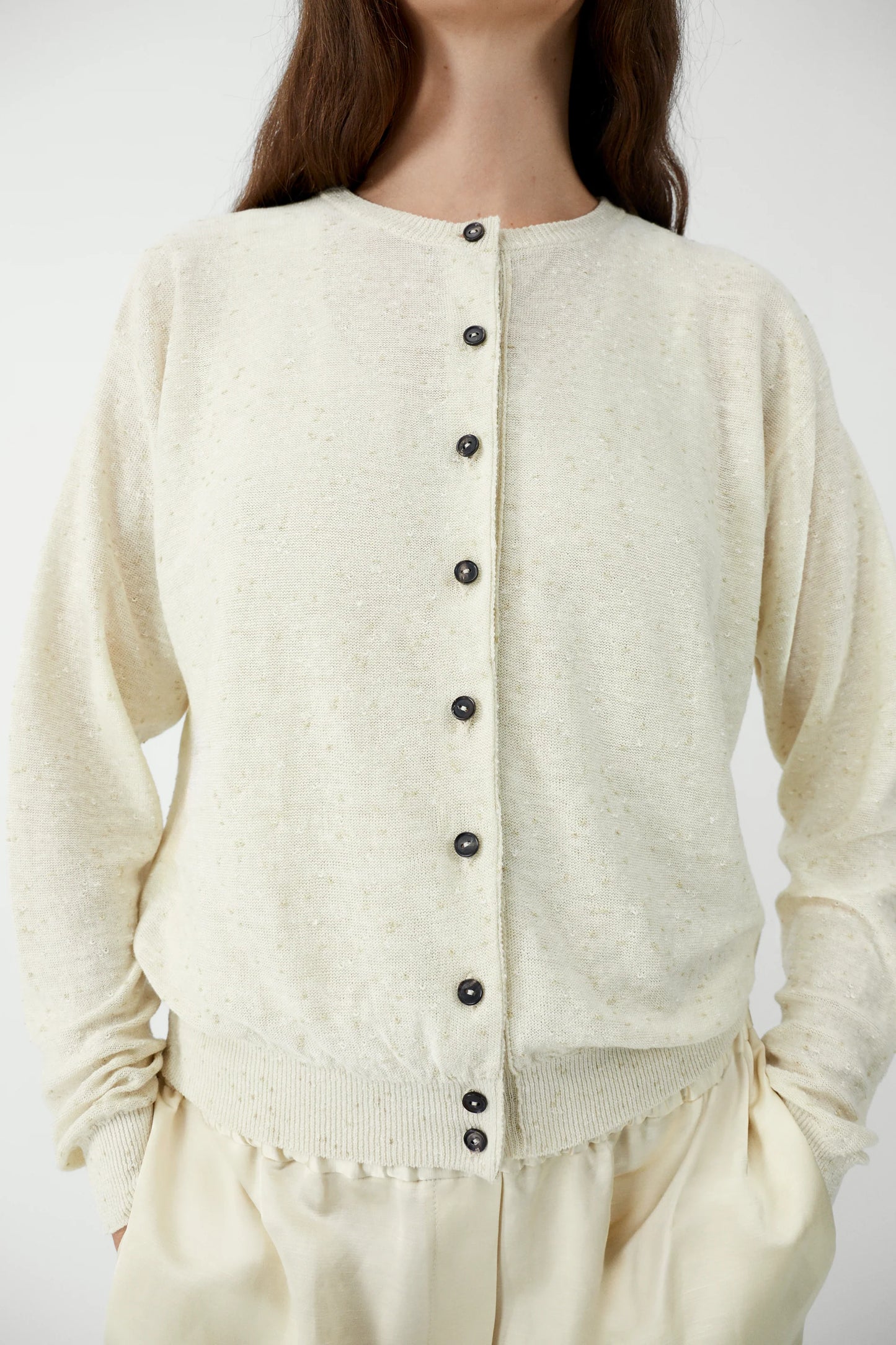 Linen & Cotton Flecked Cardigan - Cream
