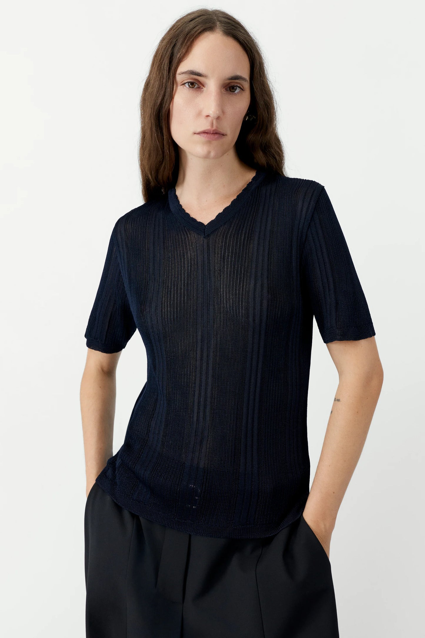 Ribbed Knit T-Shirt - Navy