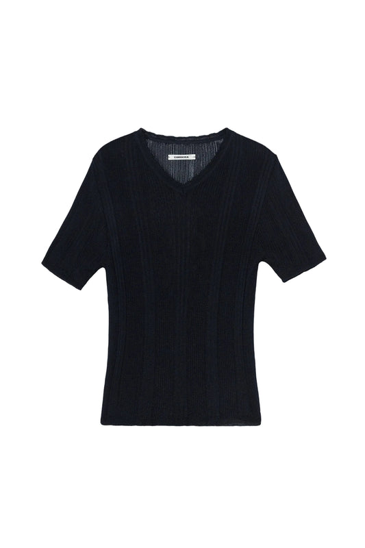 Ribbed Knit T-Shirt - Navy