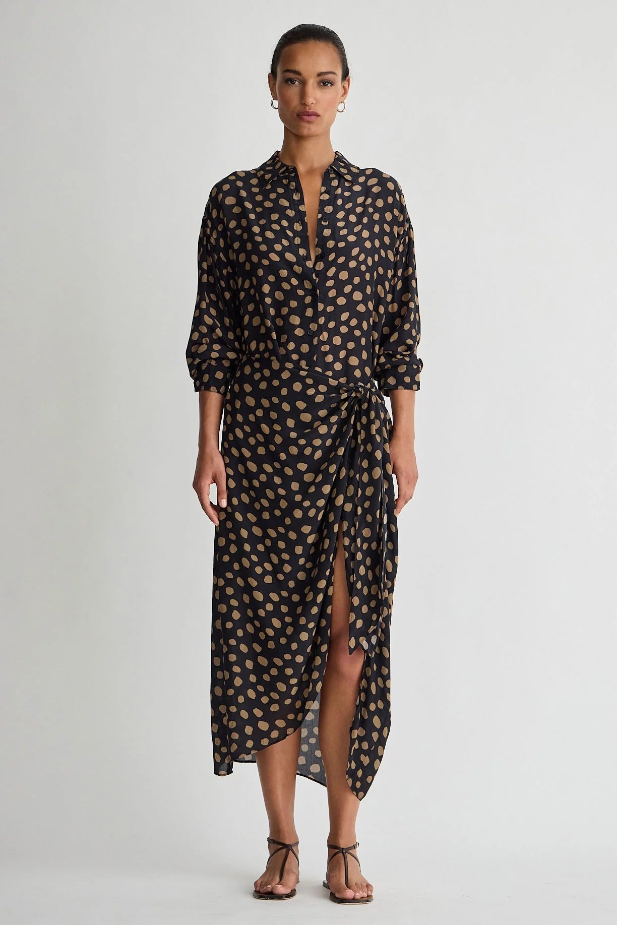 Alessandra Sarong Shirt Dress - Yayoi Black and Camel
