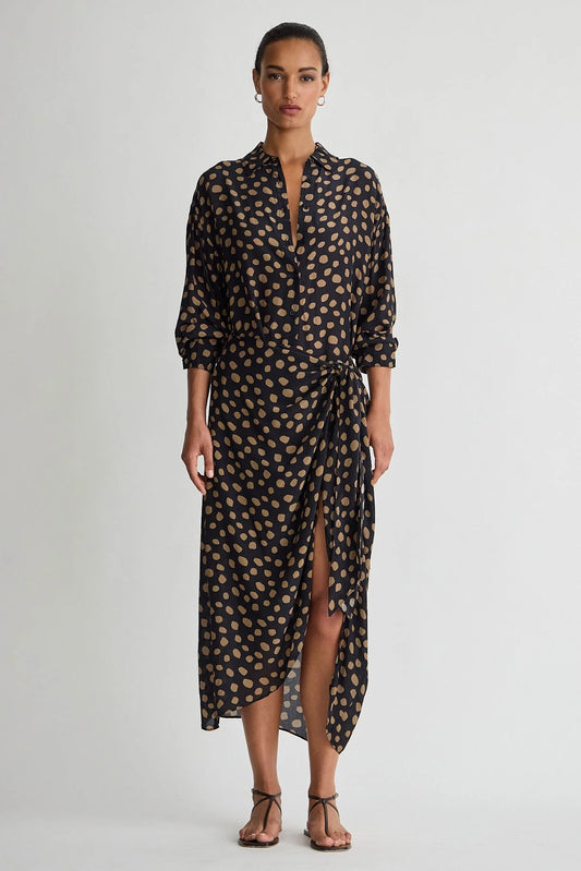 Alessandra Sarong Shirt Dress - Yayoi Black and Camel